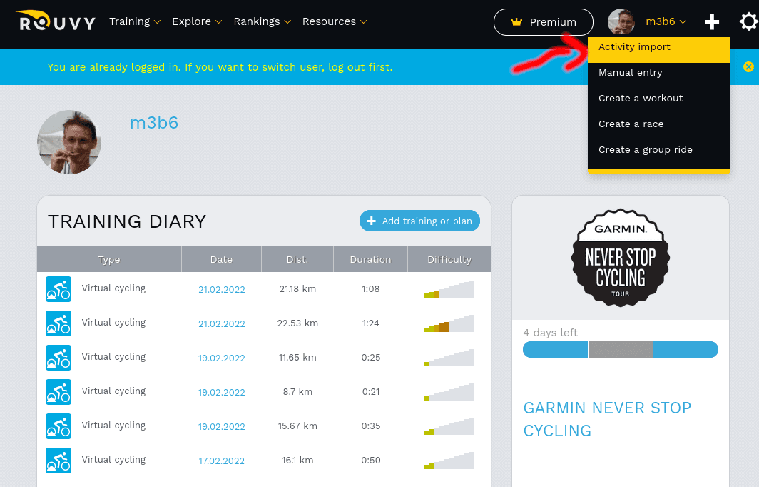 Screenshot of Activity Import Menu